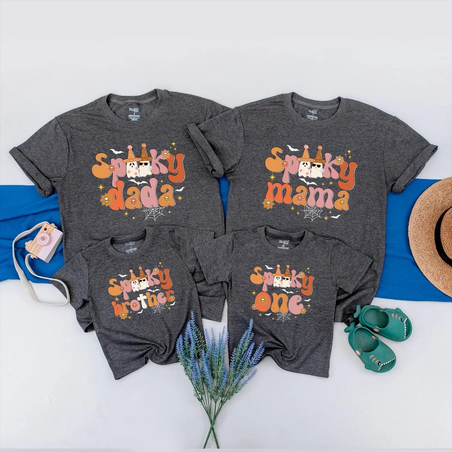 Spooky One Family Halloween Matching Shirts Retro 1st Birthday Outfit Vintage Ghosts Peach Orange Bats Toddler Baby Clothes Family First Halloween Party (139 chars)