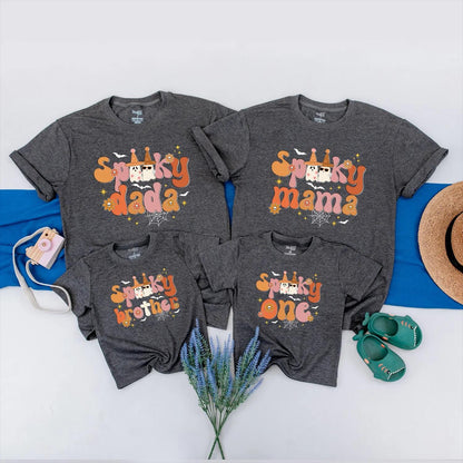 Spooky One Family Halloween Matching Shirts Retro 1st Birthday Outfit Vintage Ghosts Peach Orange Bats Toddler Baby Clothes Family First Halloween Party (139 chars)