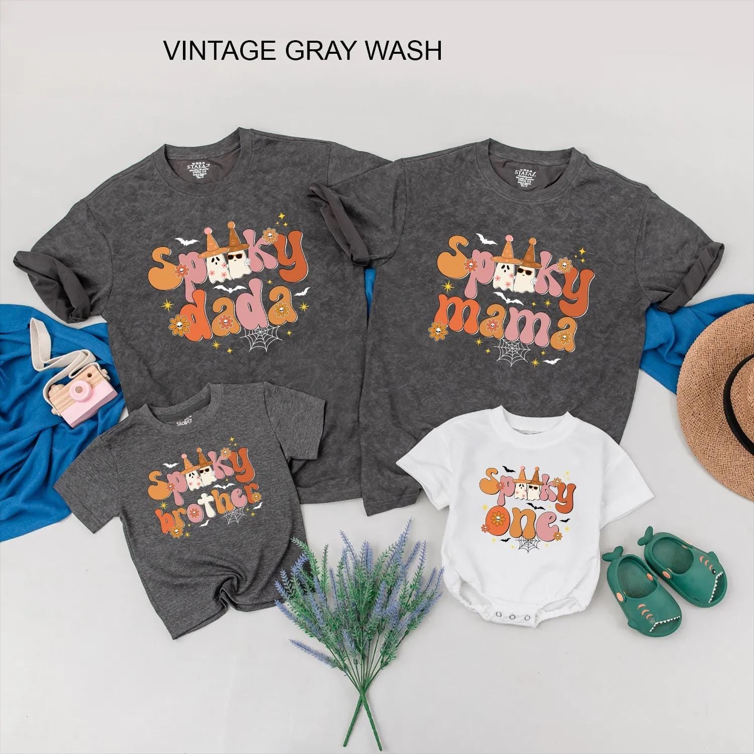 Spooky One Family Halloween Matching Shirts Retro 1st Birthday Outfit Vintage Ghosts Peach Orange Bats Toddler Baby Clothes Family First Halloween Party (139 chars)