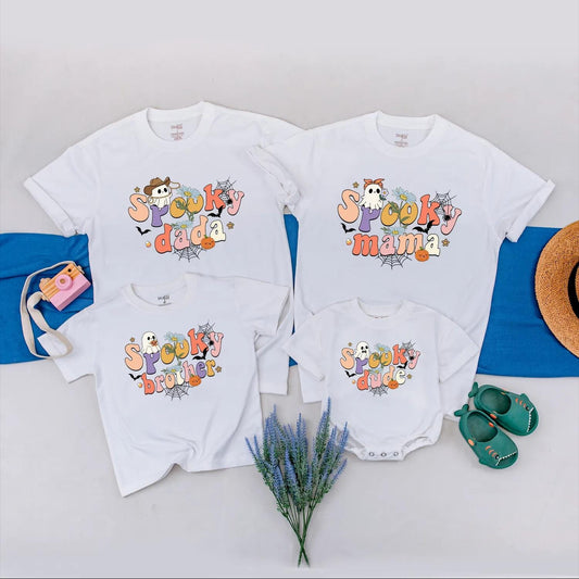 Spooky "Dude" Halloween Family Matching Shirts Cute Ghost Bat Floral Pumpkin Retro Pastel Bright Fun Kid-Friendly Outfit Gift