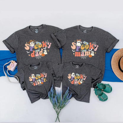 Spooky "Dude" Halloween Family Matching Shirts Cute Ghost Bat Floral Pumpkin Retro Pastel Bright Fun Kid-Friendly Outfit Gift