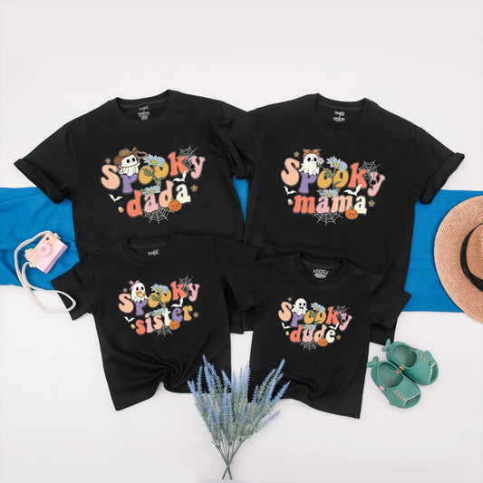 Spooky "Dude" Halloween Family Matching Shirts Cute Ghost Bat Floral Pumpkin Retro Pastel Bright Fun Kid-Friendly Outfit Gift