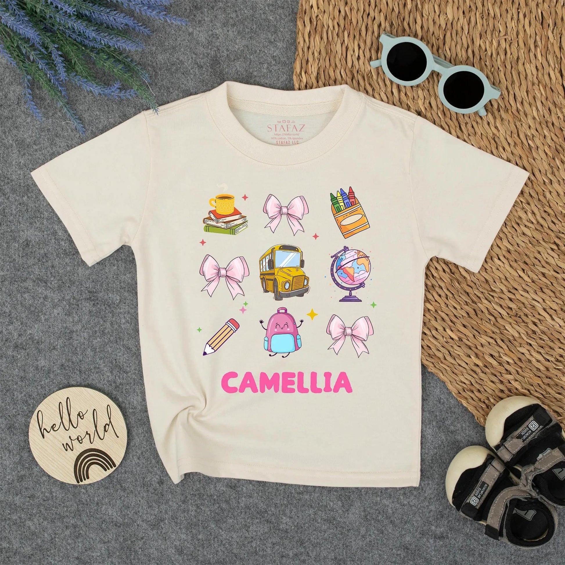 Cute Back To School Personalized Girl Shirt with Books, Bows & Bus | First Day of School Tee