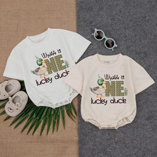 Customized One Lucky Duck Baby Bubble Romper First Birthday Mallard Duck Bodysuit Cute Party Gift
