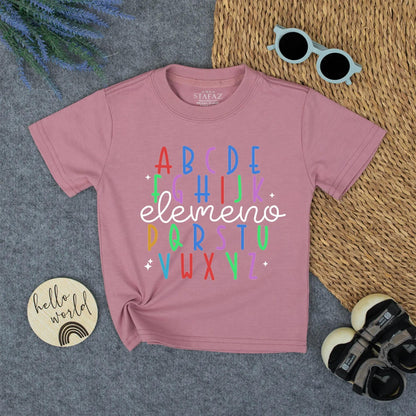 Colorful Alphabet Kids T-Shirt with "elemeno" Script - Playful Preschooler Tee for Learning Fun, First Day of School, Kindergarten Shirt, Toddler Outfit