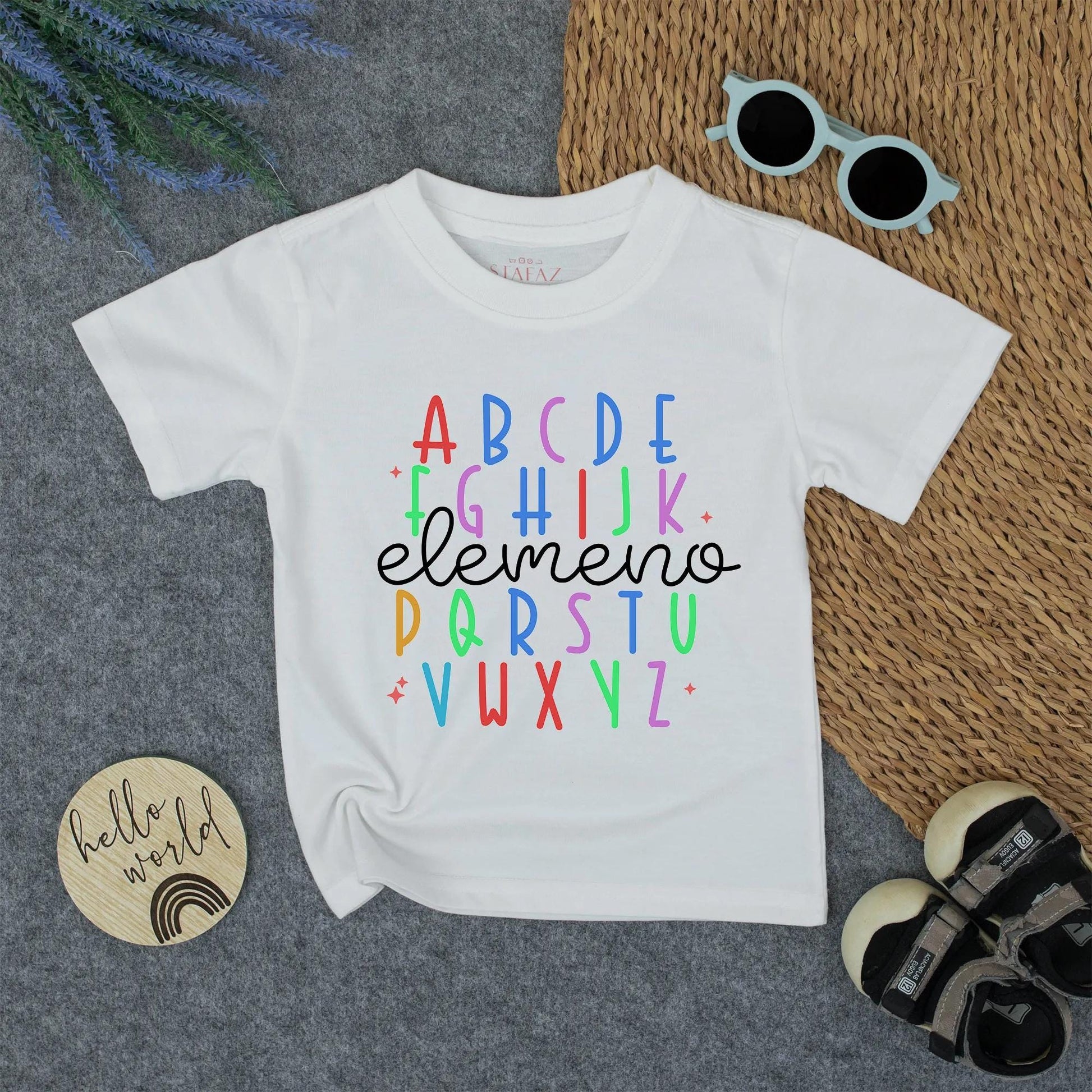 Colorful Alphabet Kids T-Shirt with "elemeno" Script - Playful Preschooler Tee for Learning Fun, First Day of School, Kindergarten Shirt, Toddler Outfit