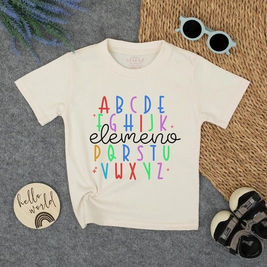 Colorful Alphabet Kids T-Shirt with "elemeno" Script - Playful Preschooler Tee for Learning Fun, First Day of School, Kindergarten Shirt, Toddler Outfit