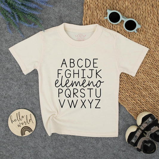 Alphabet School Shirt for Kids elemeno Cute ABC Toddler Tee Natural Cotton Blend Learning Fun First Day Outfit Playful Design Comfortable Teacher Gift (138 chars)
