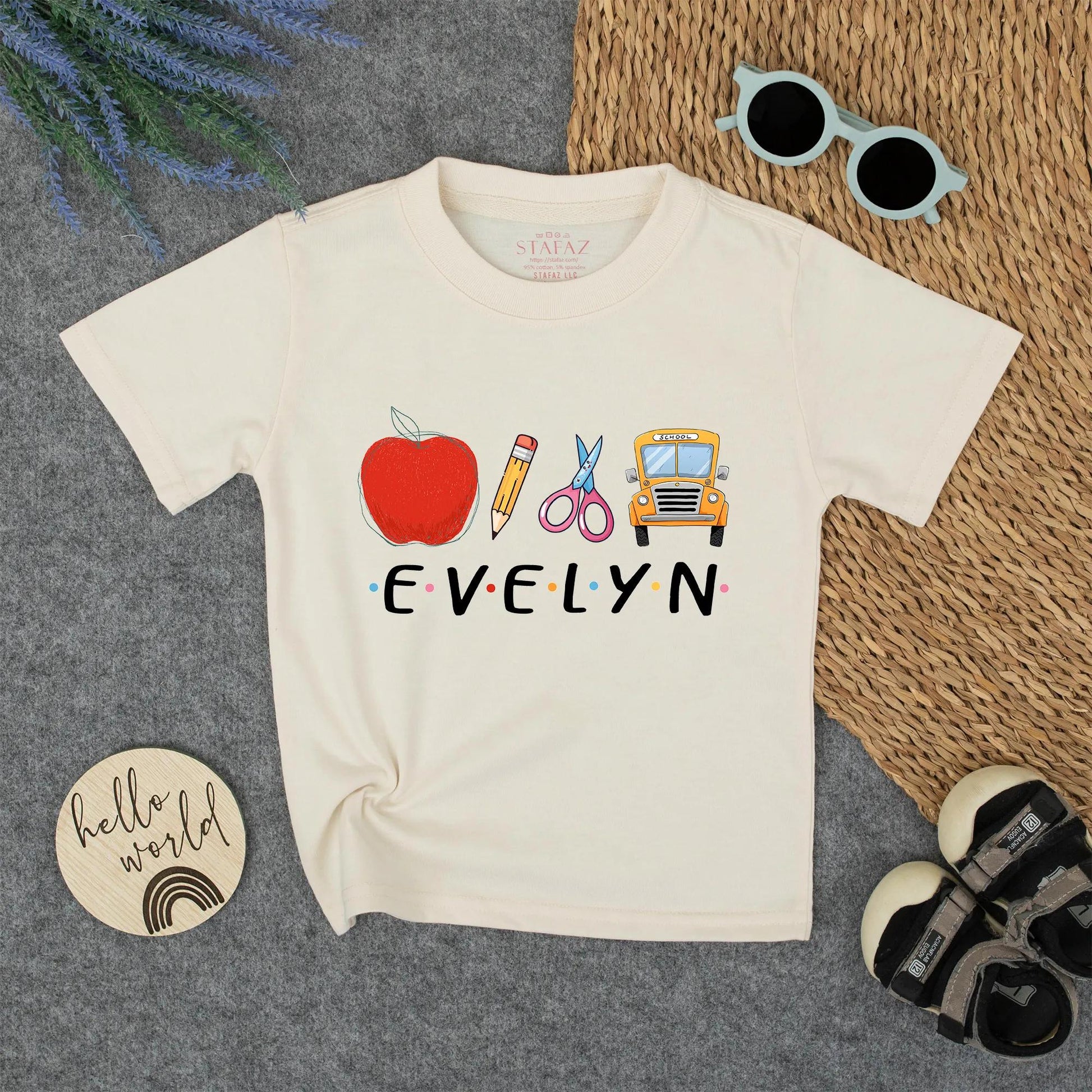 Custom Name Kids Back To School Shirt for Boys Girls, Cute Toddler First Day Kindergarten Outfit with Apple Bus Pencil Polka Dot Design.