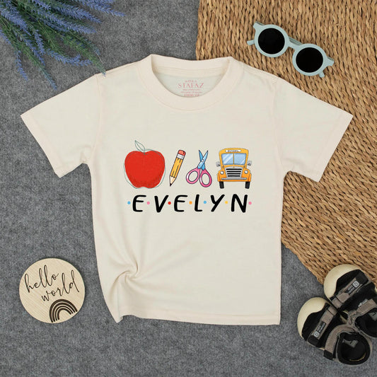 Custom Name Kids Back To School Shirt for Boys Girls, Cute Toddler First Day Kindergarten Outfit with Apple Bus Pencil Polka Dot Design.