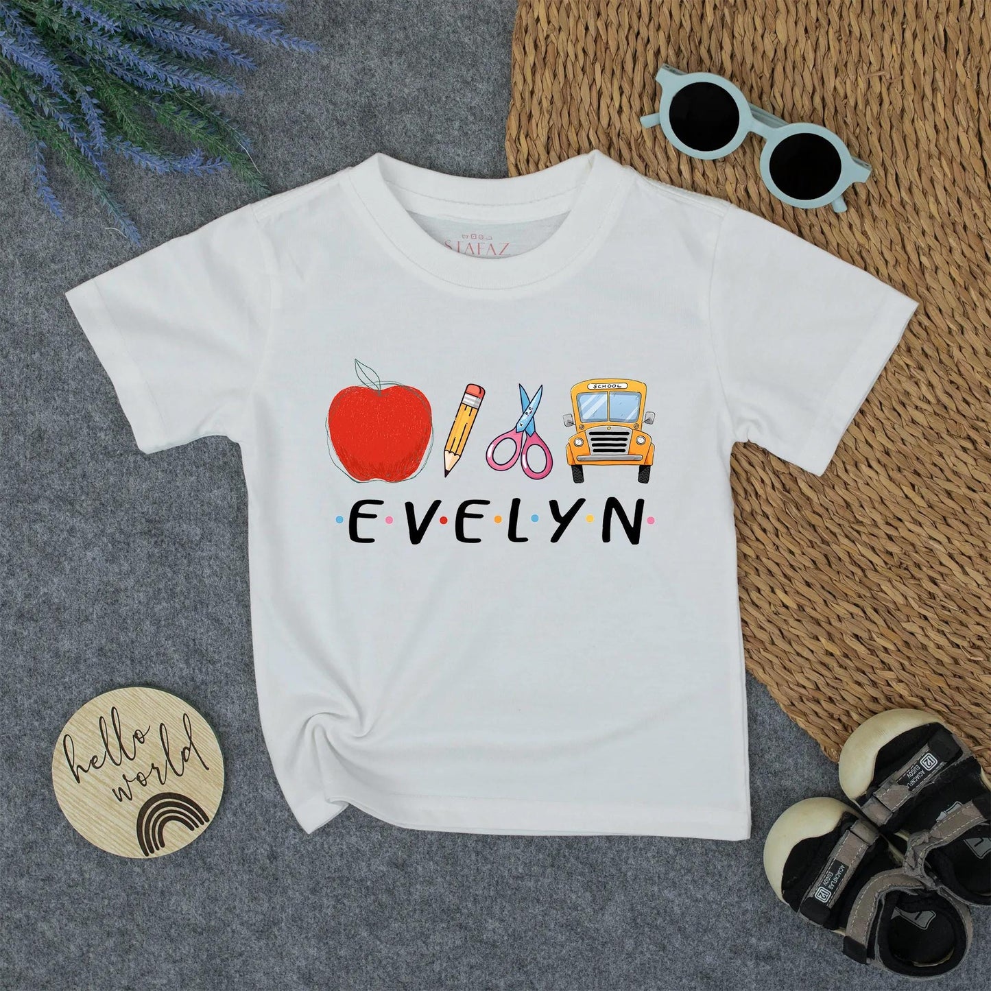 Custom Name Kids Back To School Shirt for Boys Girls, Cute Toddler First Day Kindergarten Outfit with Apple Bus Pencil Polka Dot Design.
