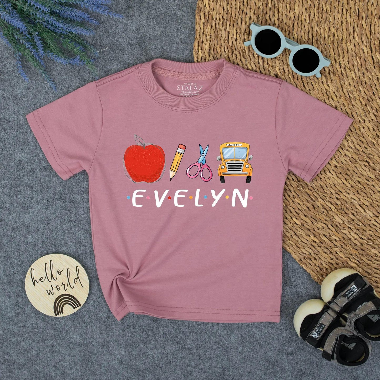 Custom Name Kids Back To School Shirt for Boys Girls, Cute Toddler First Day Kindergarten Outfit with Apple Bus Pencil Polka Dot Design.