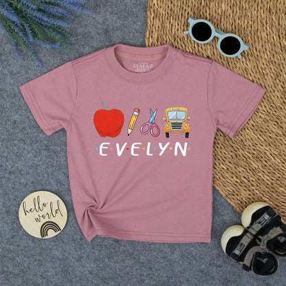 Custom Name Kids Back To School Shirt for Boys Girls, Cute Toddler First Day Kindergarten Outfit with Apple Bus Pencil Polka Dot Design.