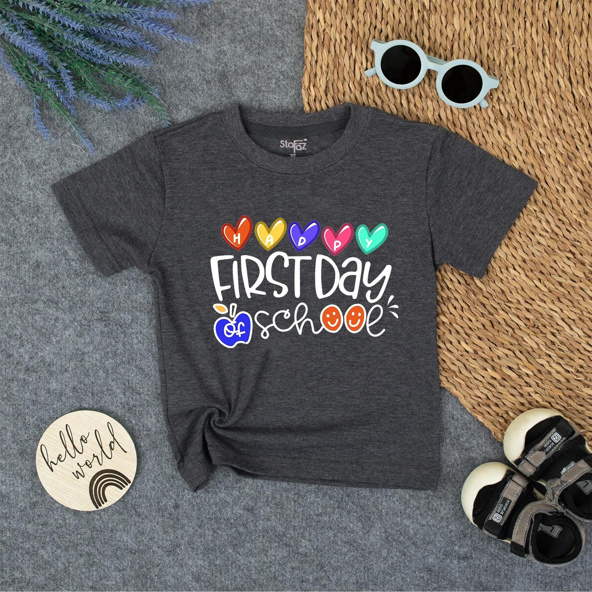 Happy First Day of School Shirt for Toddlers & Youth with Colorful Hearts & Apple Design - Great School Gift