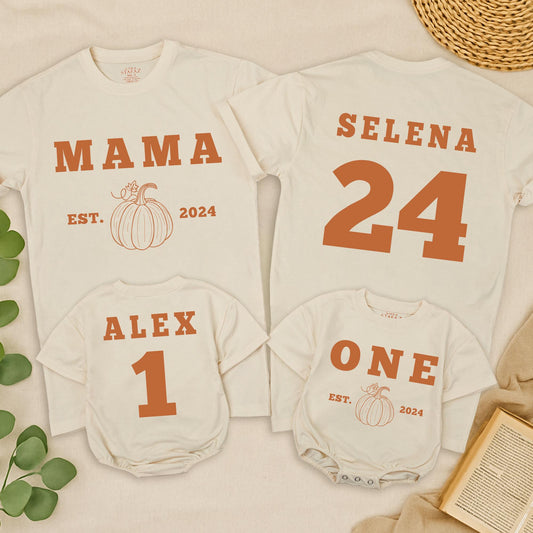 Matching Family Pumpkin Birthday Shirts, Our Little Pumpkin is One, Custom Name, Est. 2024 Orange Graphic Tees, Fall Thanksgiving First Birthday Outfit (138 chars)