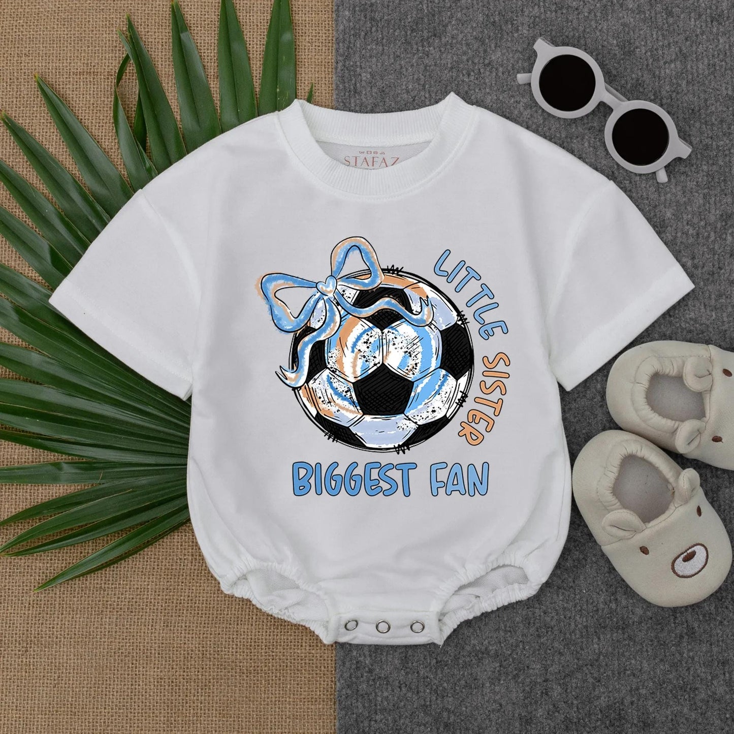 Little Sister Biggest Fan Soccer Ball Romper Short Sleeve Baby Girl Outfit Toddler Sports Bodysuit Infant Game Day Clothes Baby Fan Gift