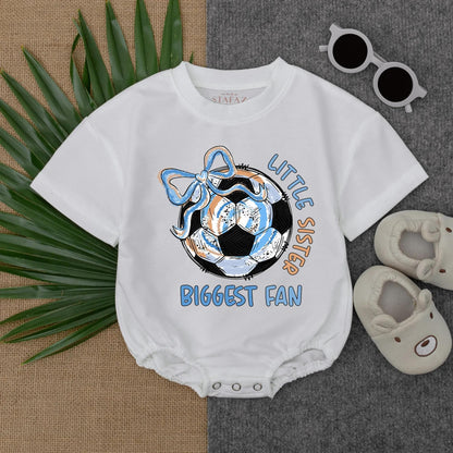 Little Sister Biggest Fan Soccer Ball Romper Short Sleeve Baby Girl Outfit Toddler Sports Bodysuit Infant Game Day Clothes Baby Fan Gift