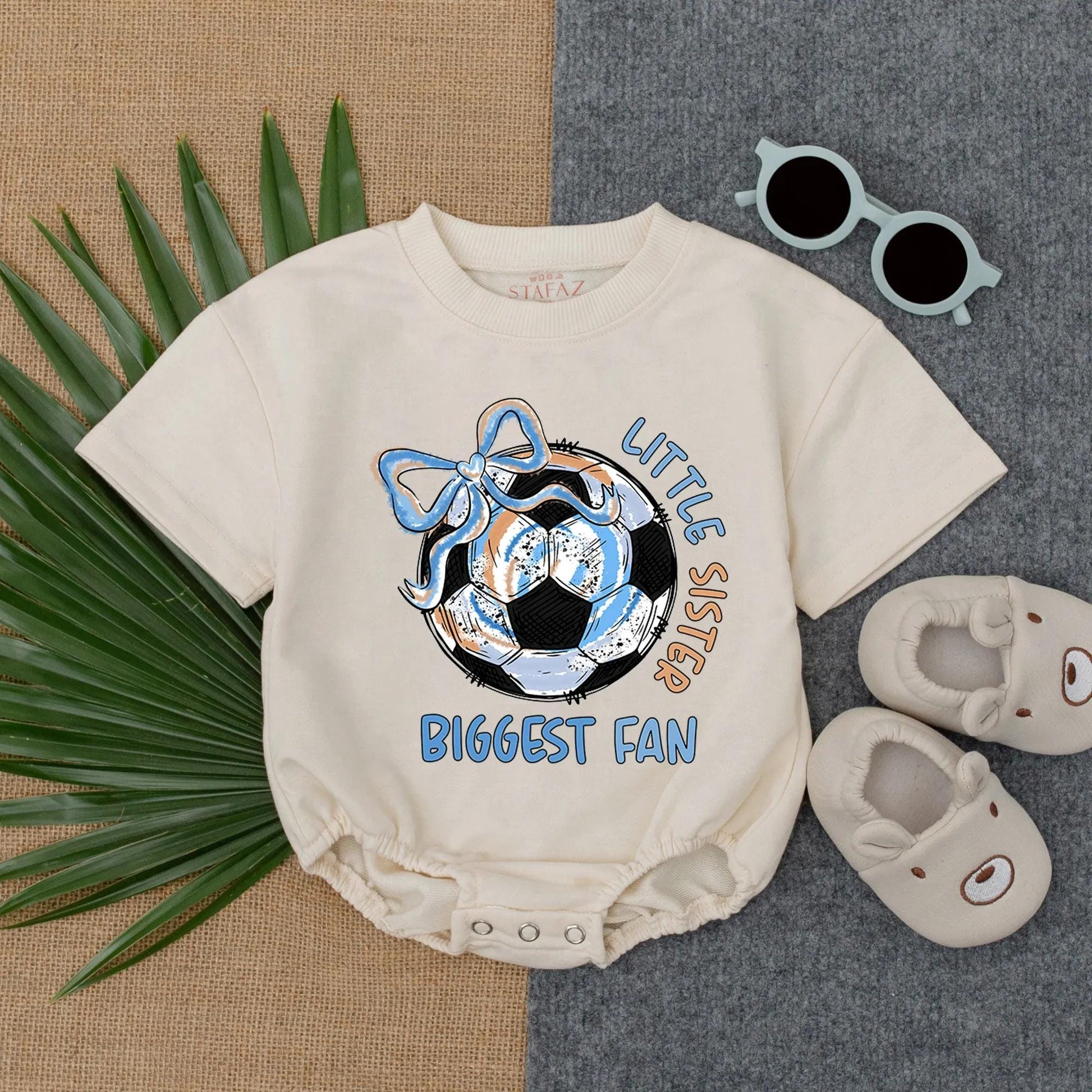 Little Sister Biggest Fan Soccer Ball Romper Short Sleeve Baby Girl Outfit Toddler Sports Bodysuit Infant Game Day Clothes Baby Fan Gift