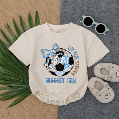 Little Sister Biggest Fan Soccer Ball Romper Short Sleeve Baby Girl Outfit Toddler Sports Bodysuit Infant Game Day Clothes Baby Fan Gift