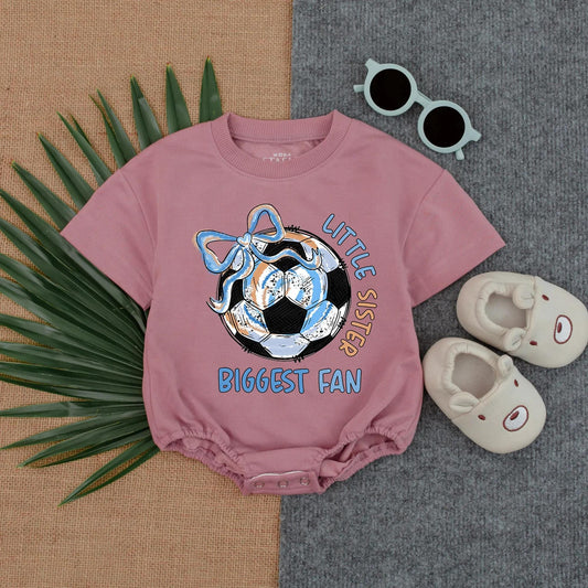 Little Sister Biggest Fan Soccer Ball Romper Short Sleeve Baby Girl Outfit Toddler Sports Bodysuit Infant Game Day Clothes Baby Fan Gift