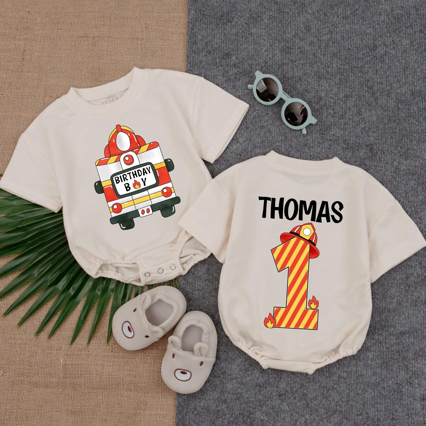 Customized Firefighter 1st Birthday Boy Romper Fire Truck Baby Bubble Outfit First Birthday Clothes Toddler Fireman Gift