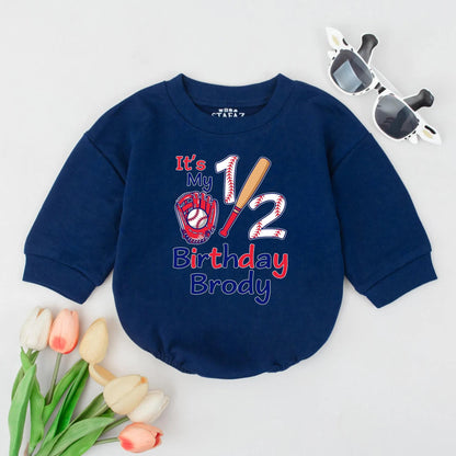 Brody's Baseball Half Birthday Outfit Custom 1/2 Birthday Romper for Baby Boys with Glove Bat Design Six Month Celebration