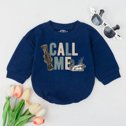 Rustic Call Me Duck Hunting Baby Boy Bubble Romper Outfit with Muted Green Beige Mallard Duck Call Design First Birthday Infant Apparel
