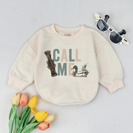 Rustic Call Me Duck Hunting Baby Boy Bubble Romper Outfit with Muted Green Beige Mallard Duck Call Design First Birthday Infant Apparel