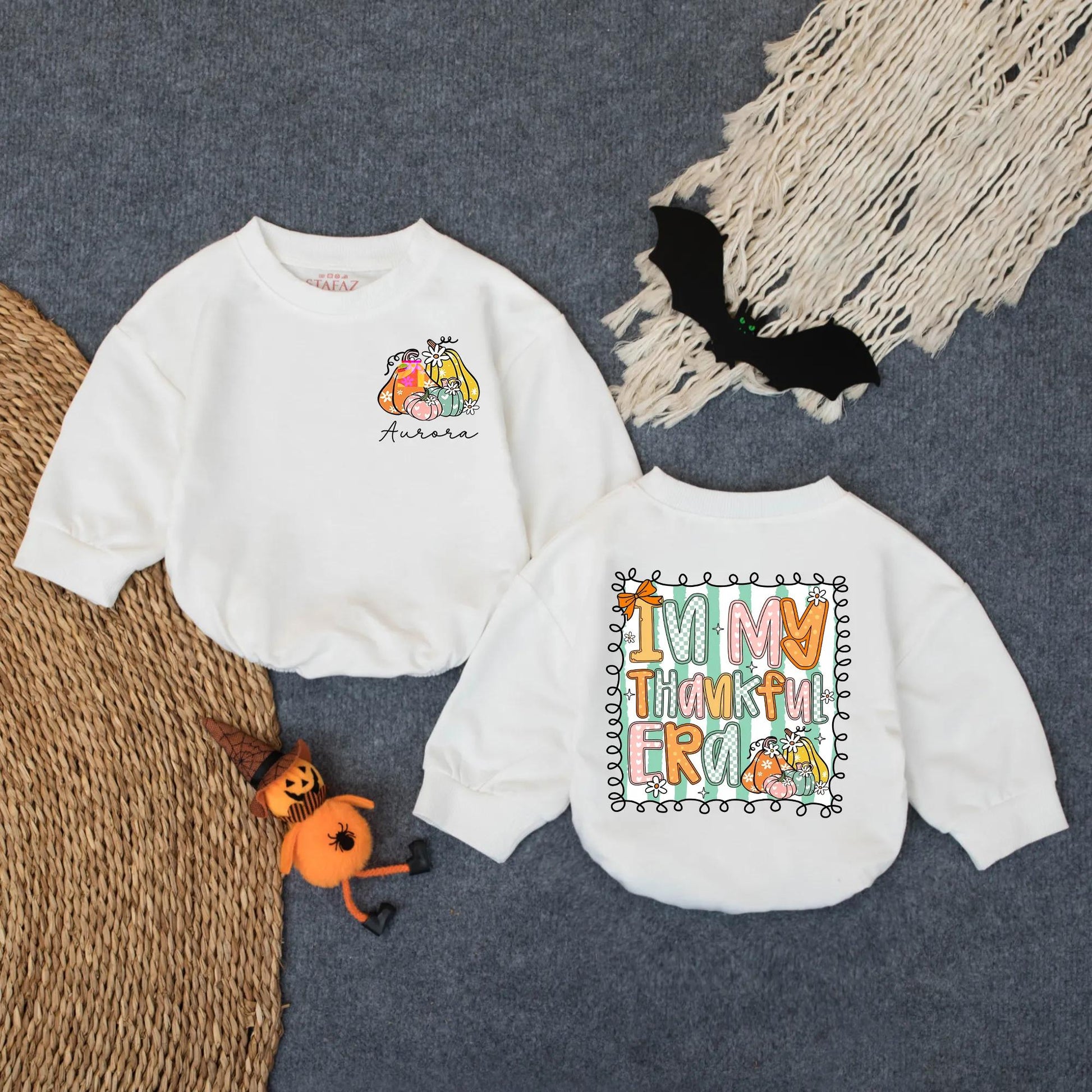 Custom Thankful Era Baby Romper Pastel Pumpkins Aurora Fall Baby Girl Outfit Toddler Thanksgiving Clothes Mint Striped Floral Design