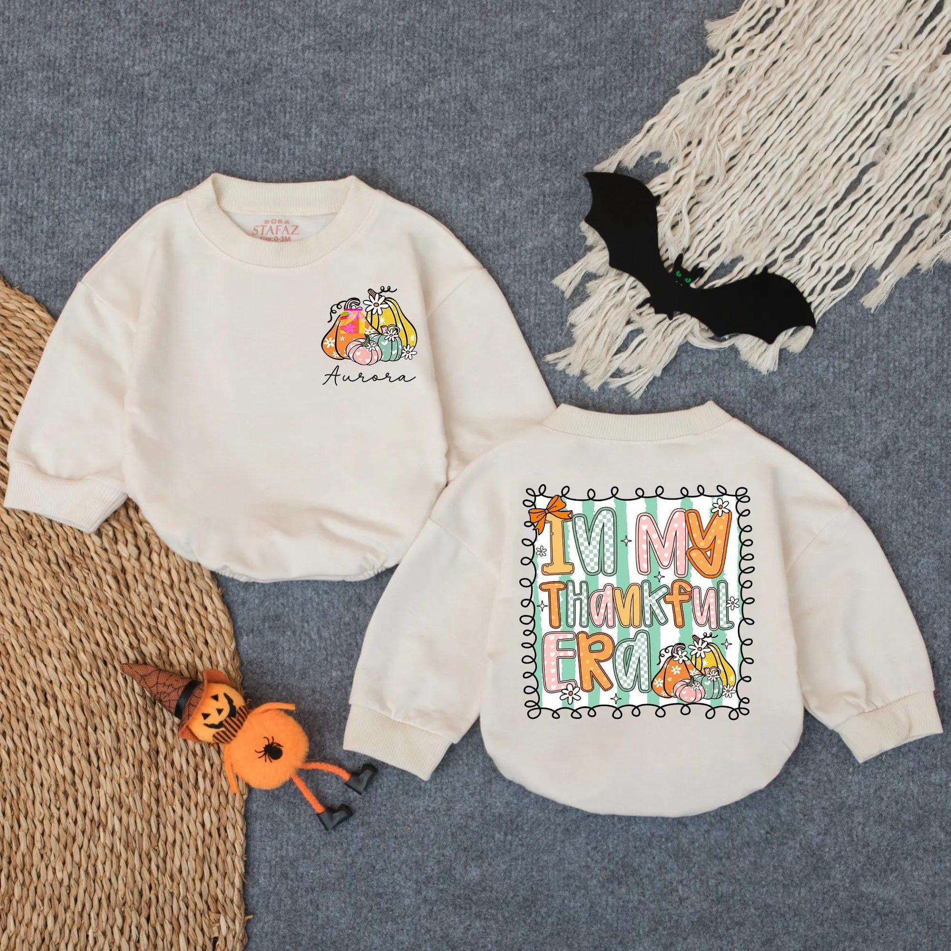 Custom Thankful Era Baby Romper Pastel Pumpkins Aurora Fall Baby Girl Outfit Toddler Thanksgiving Clothes Mint Striped Floral Design