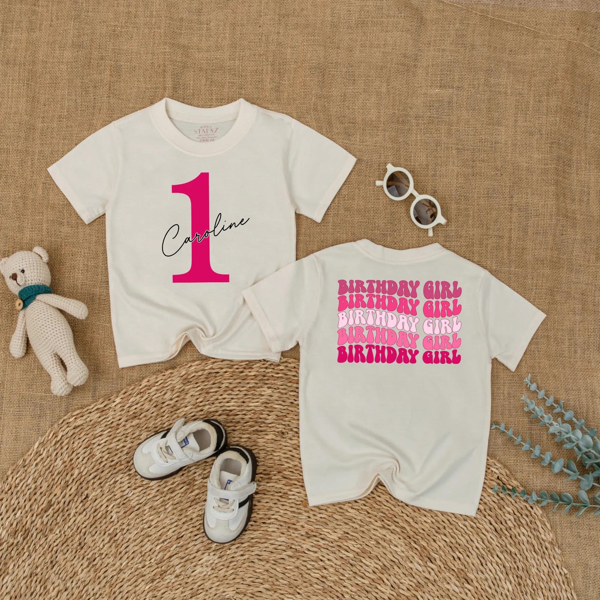 Bright Pink First Birthday Romper for Baby Girl with Custom Name '1' Front and Repeating Birthday Girl Back Celebration Outfit 135 Characters