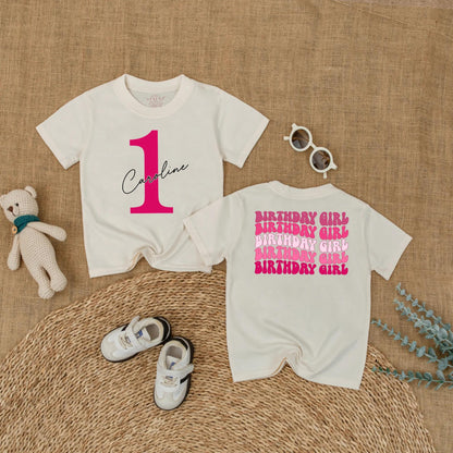 Bright Pink First Birthday Romper for Baby Girl with Custom Name '1' Front and Repeating Birthday Girl Back Celebration Outfit 135 Characters