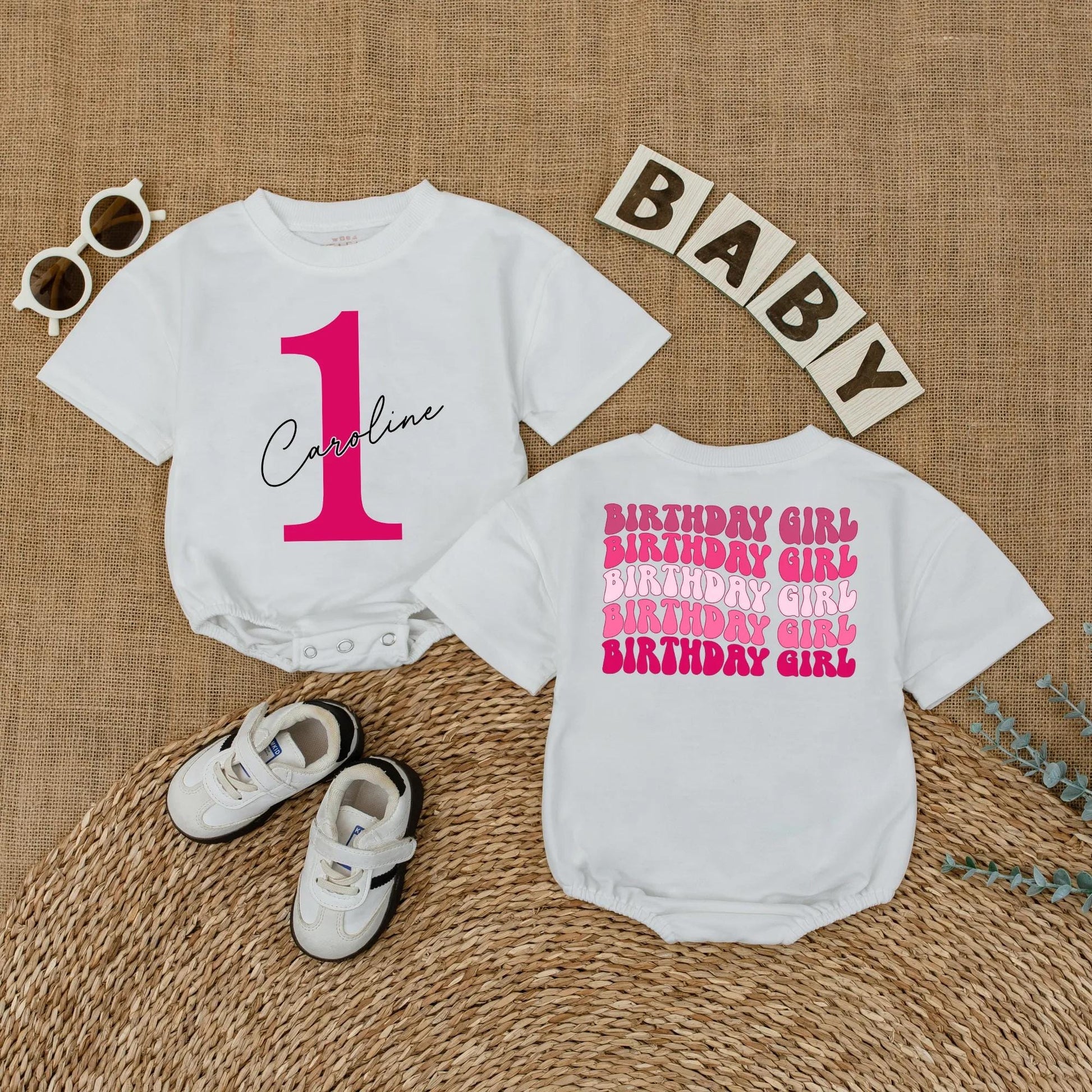 Bright Pink First Birthday Romper for Baby Girl with Custom Name '1' Front and Repeating Birthday Girl Back Celebration Outfit 135 Characters