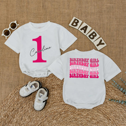 Bright Pink First Birthday Romper for Baby Girl with Custom Name '1' Front and Repeating Birthday Girl Back Celebration Outfit 135 Characters