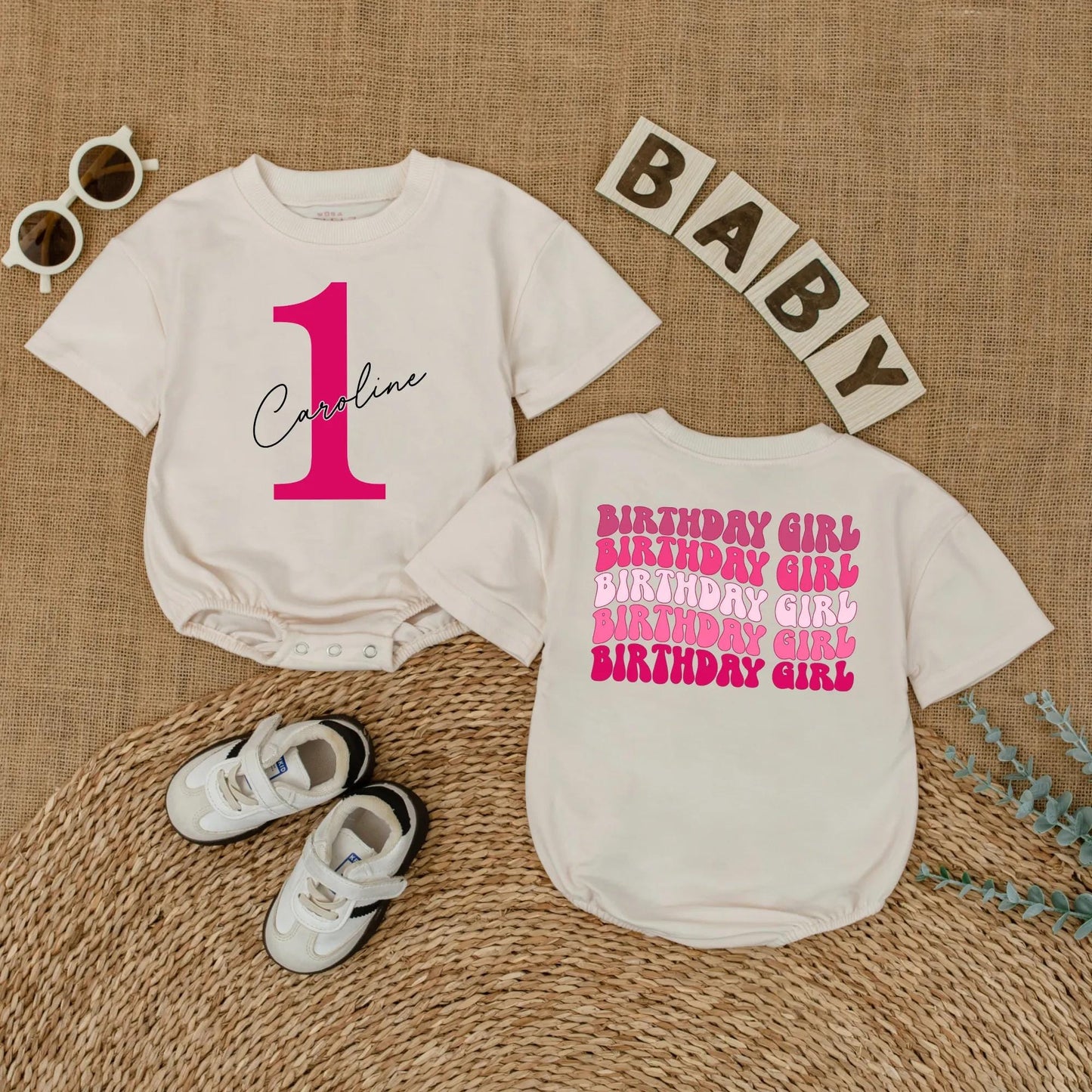 Bright Pink First Birthday Romper for Baby Girl with Custom Name '1' Front and Repeating Birthday Girl Back Celebration Outfit 135 Characters