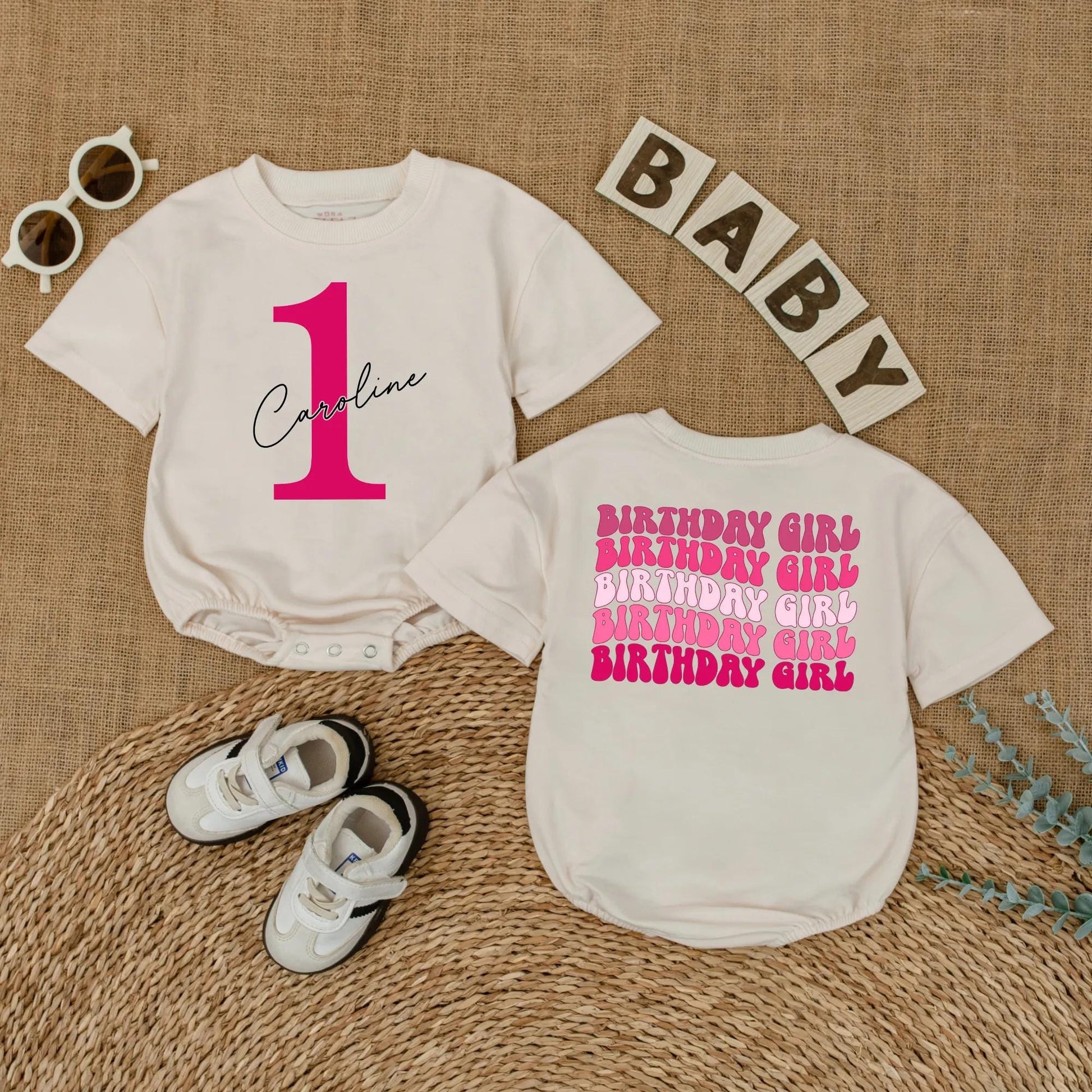 Bright Pink First Birthday Romper for Baby Girl with Custom Name '1' Front and Repeating Birthday Girl Back Celebration Outfit 135 Characters
