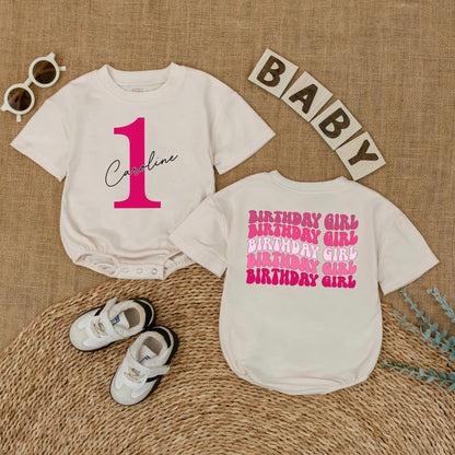 Bright Pink First Birthday Romper for Baby Girl with Custom Name '1' Front and Repeating Birthday Girl Back Celebration Outfit 135 Characters