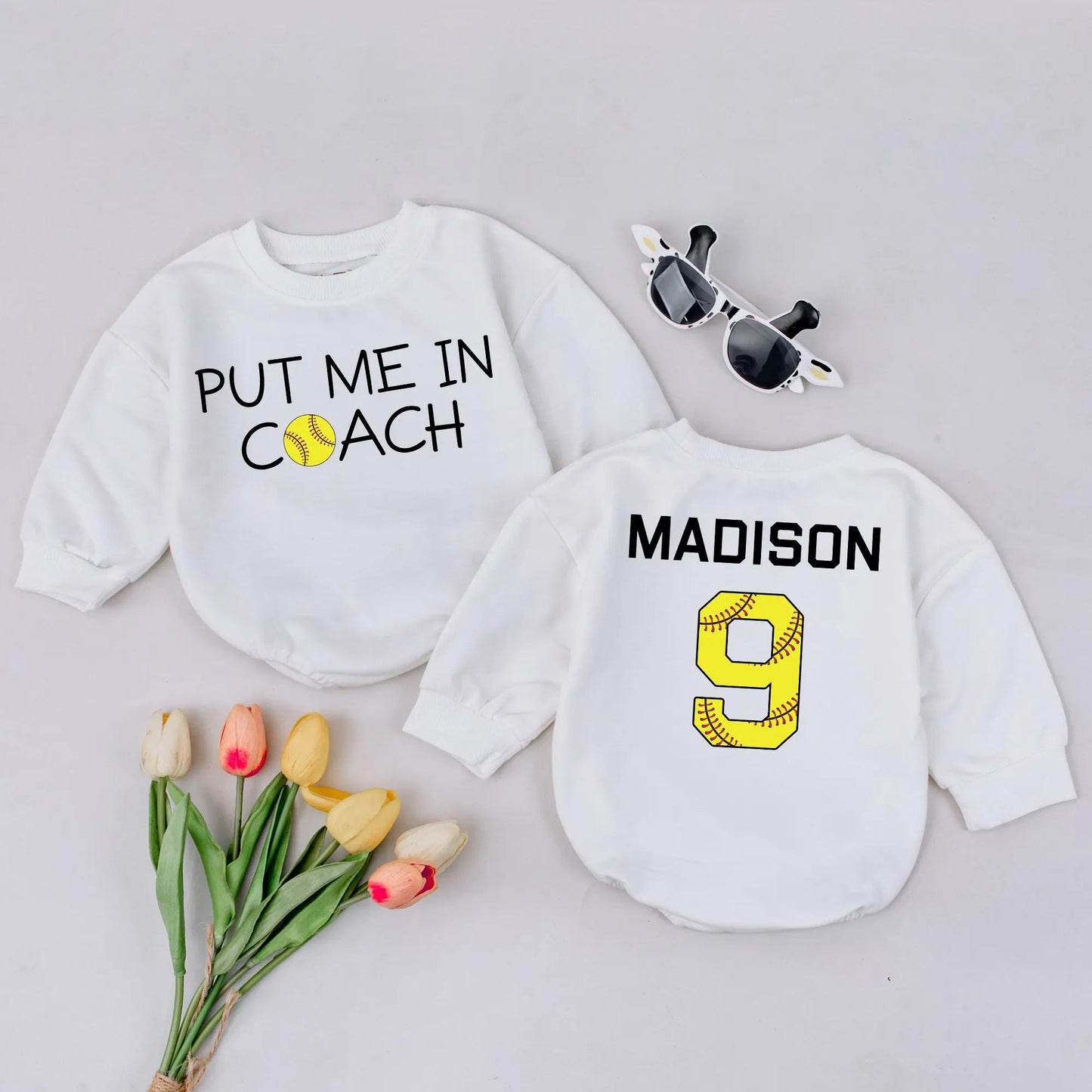 Custom 'Put Me in Coach' Romper with Softball Accent & 'Madison 9' Baseball Outfit Personalized Sports Baby Clothes