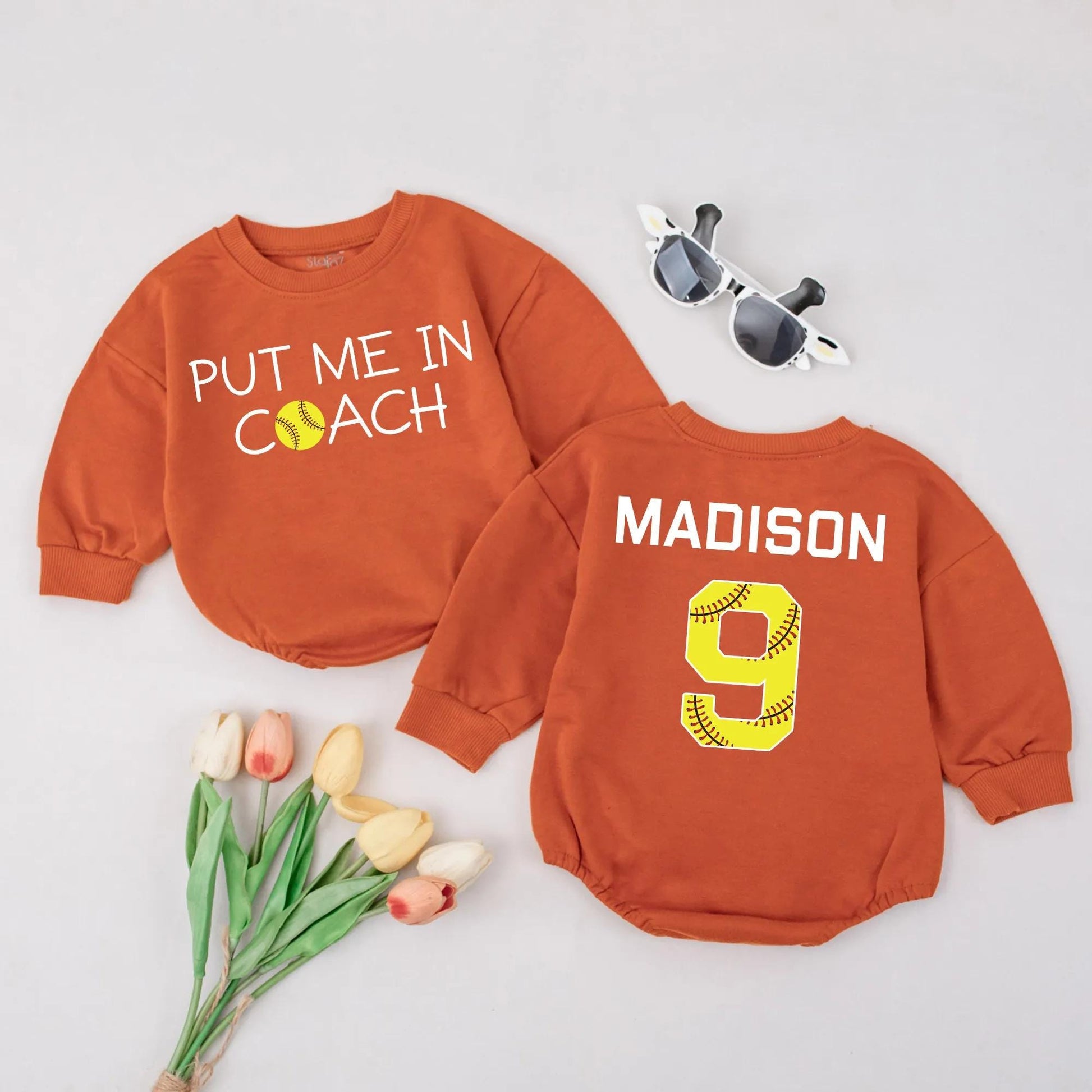 Custom 'Put Me in Coach' Romper with Softball Accent & 'Madison 9' Baseball Outfit Personalized Sports Baby Clothes