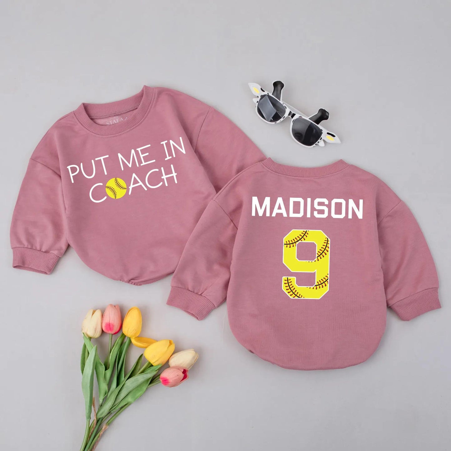 Custom 'Put Me in Coach' Romper with Softball Accent & 'Madison 9' Baseball Outfit Personalized Sports Baby Clothes