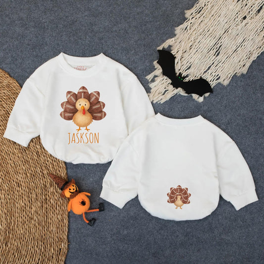 Personalized Little Turkey Romper, Custom "Jackson" First Thanksgiving Outfit, Baby Football Feather Bodysuit, Infant Autumn Clothes 1st Thanksgiving