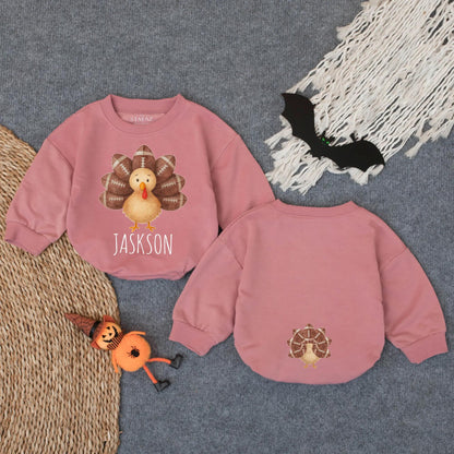 Personalized Little Turkey Romper, Custom "Jackson" First Thanksgiving Outfit, Baby Football Feather Bodysuit, Infant Autumn Clothes 1st Thanksgiving