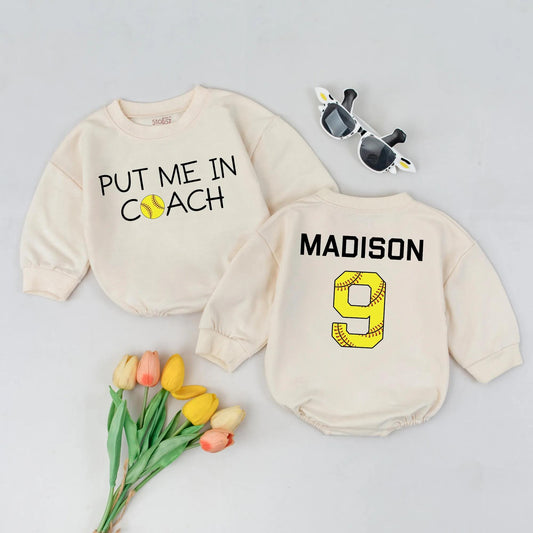 Custom 'Put Me in Coach' Romper with Softball Accent & 'Madison 9' Baseball Outfit Personalized Sports Baby Clothes