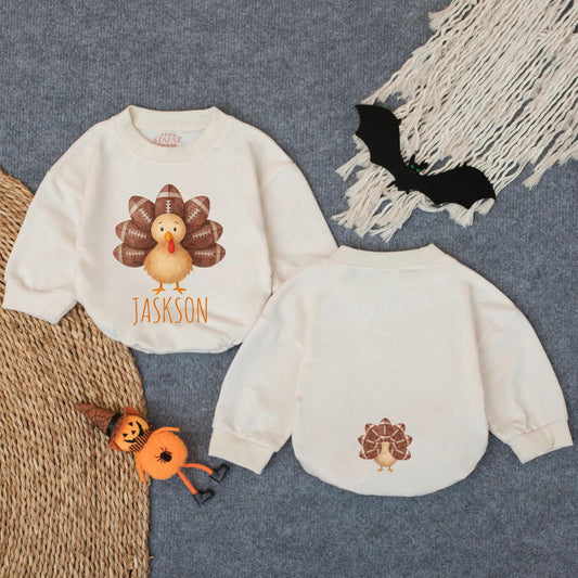 Personalized Little Turkey Romper, Custom "Jackson" First Thanksgiving Outfit, Baby Football Feather Bodysuit, Infant Autumn Clothes 1st Thanksgiving