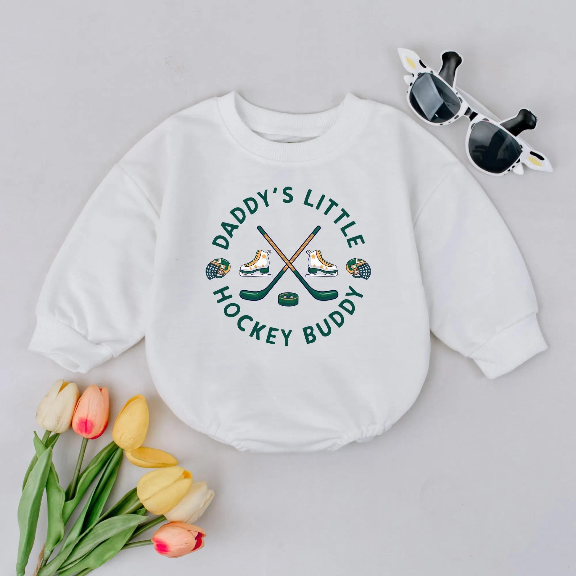 Daddy's Little Hockey Buddy Bubble Romper Future Hockey Player Baby Boy Clothes Sporty Green Gold Black White Game Day Gift