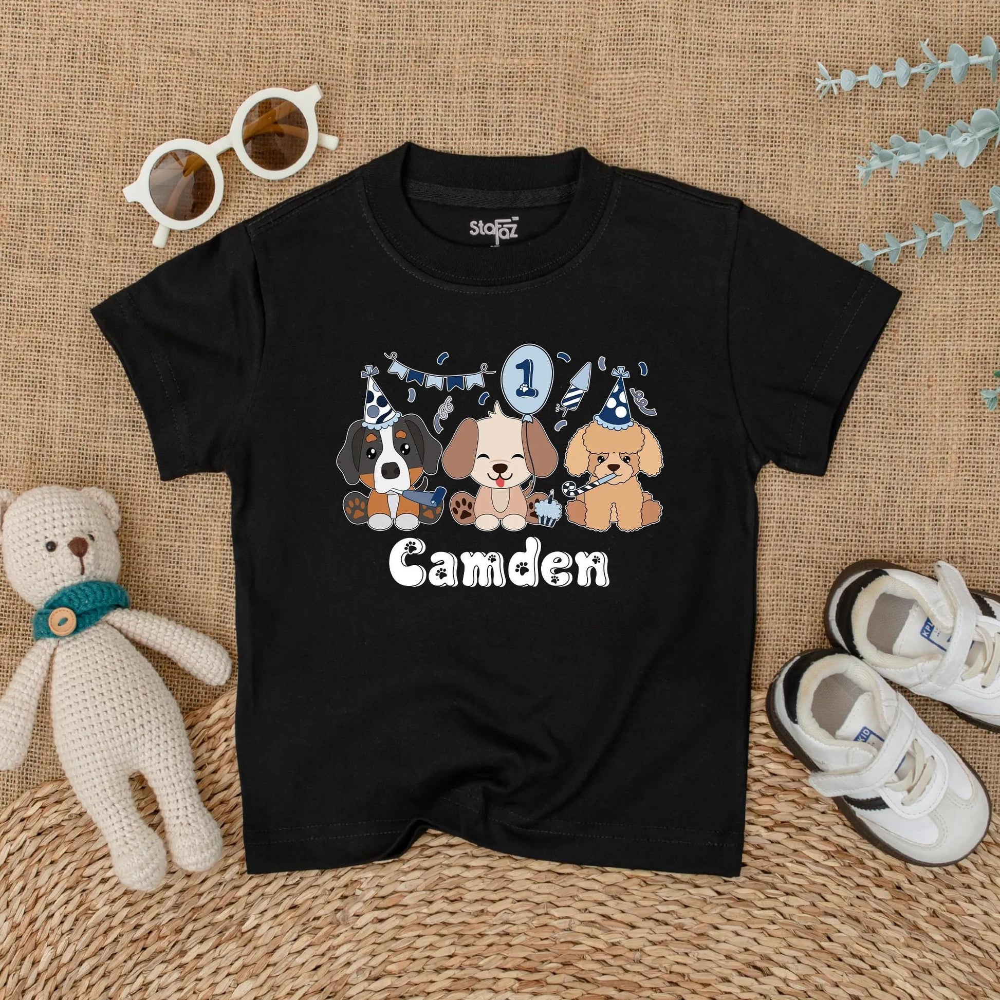 Let's Pawty Puppy Birthday Romper Pastel Cartoon Puppies Personalized Camden Name 1st Birthday Outfit Baby Boy Girl Gift