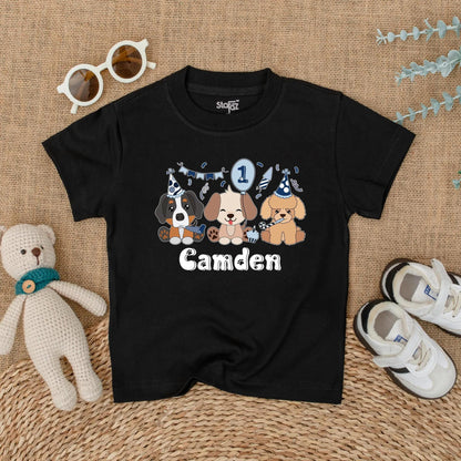Let's Pawty Puppy Birthday Romper Pastel Cartoon Puppies Personalized Camden Name 1st Birthday Outfit Baby Boy Girl Gift