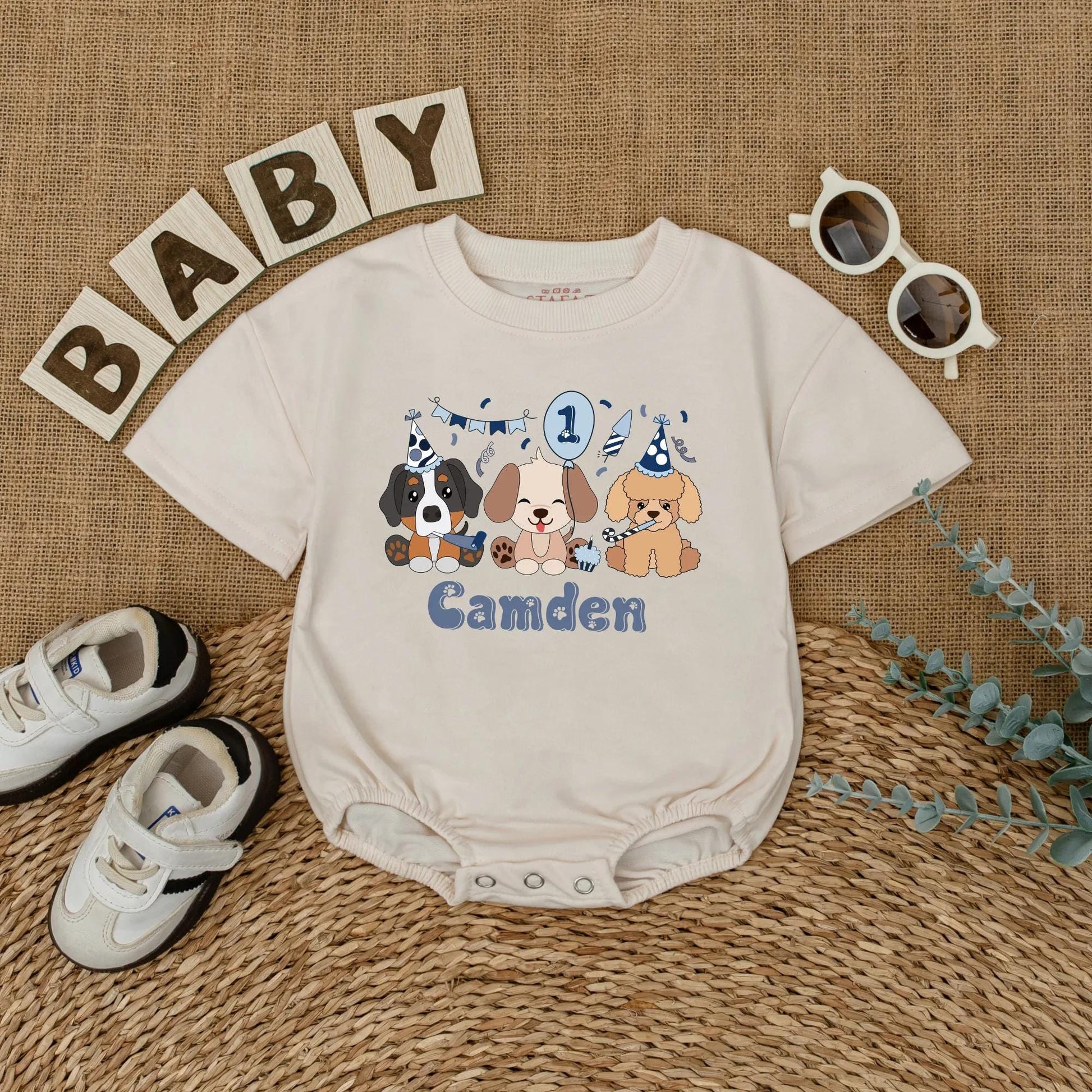 Let's Pawty Puppy Birthday Romper Pastel Cartoon Puppies Personalized Camden Name 1st Birthday Outfit Baby Boy Girl Gift