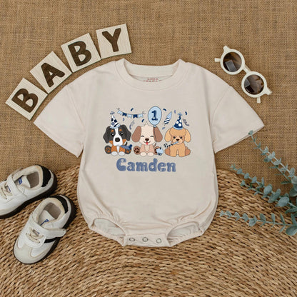 Let's Pawty Puppy Birthday Romper Pastel Cartoon Puppies Personalized Camden Name 1st Birthday Outfit Baby Boy Girl Gift