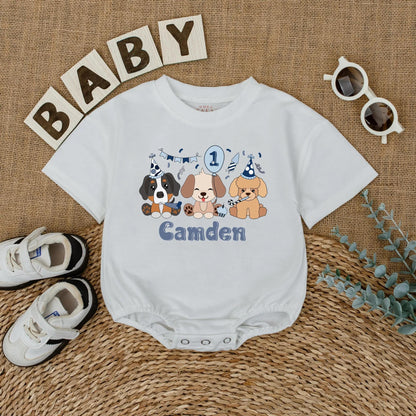 Let's Pawty Puppy Birthday Romper Pastel Cartoon Puppies Personalized Camden Name 1st Birthday Outfit Baby Boy Girl Gift